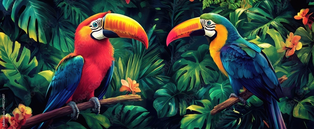 Fototapeta premium Tropical World Animal Day Banner with Colorful Birds and Lush Foliage