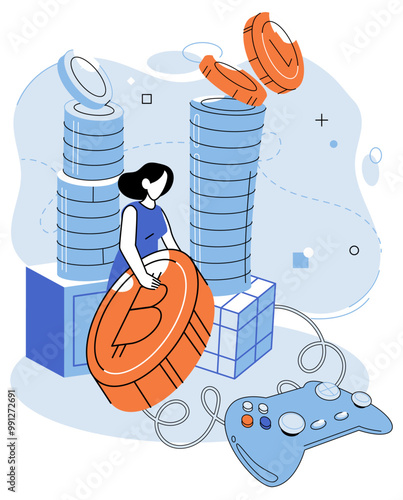 Gamefi vector illustration. The future gaming lies in integration blockchain technology and GameFi Bitcoin and other cryptocurrencies serve as medium exchange in GameFi ecosystem GameFi platforms