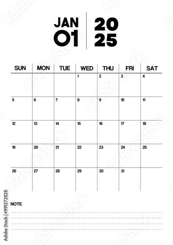 Printable Monthly Calendar Template for January 2025. Minimalist Style Calendar in Portrait Format. Week Starts on Sunday. Calendar Planner for 2025 year.