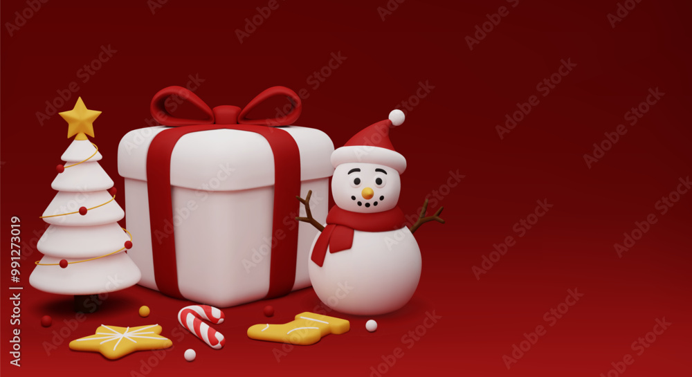 Christmas banner with a white gift box and snowman Christmas banner with a white gift box and snowman
