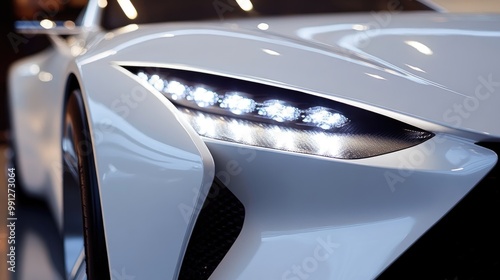 Close-up of the headlights of a sleek white car with the grill lights on, creating a powerful and modern look