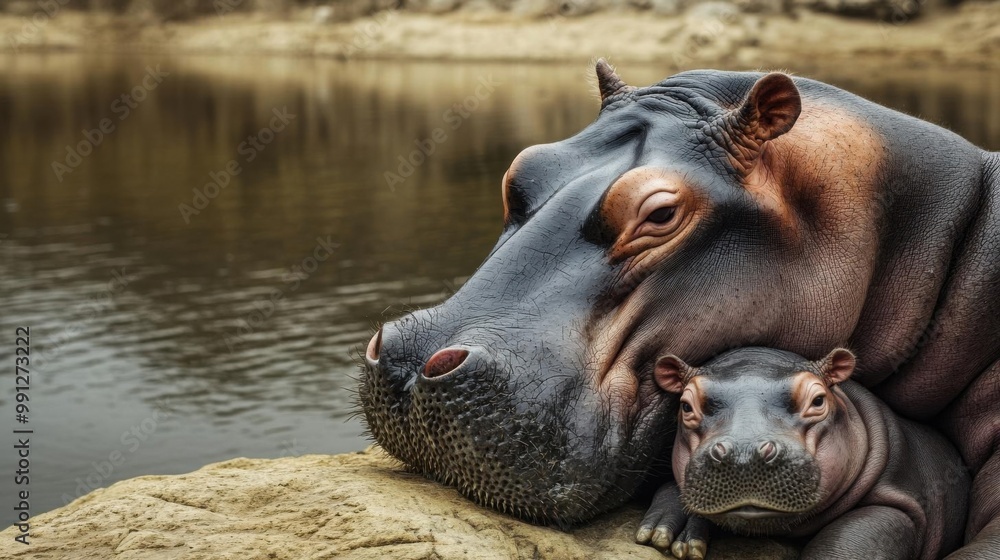 Closeup portrait of a baby hippo snuggling with its mother, baby animal, innocent family moment in nature, no blur, photo not dark, everything is clear, copy space Closeup portrait of a baby hippo snuggling with its mother, baby animal, innocent family moment in nature, no blur, photo not dark, everything is clear, copy space