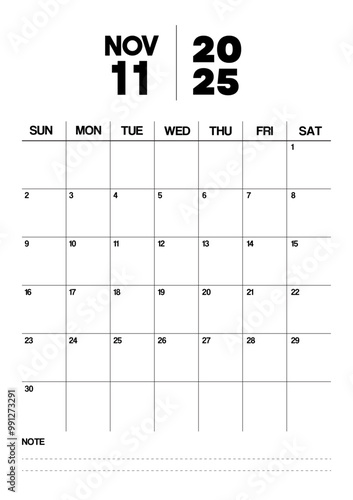 Printable Monthly Calendar Template for November 2025. Minimalist Style Calendar in Portrait Format. Week Starts on Sunday. Calendar Planner for 2025 year.