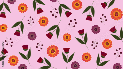 Seamless vector floral pattern with bold red, yellow, and purple flowers and green leaves on a pink background. photo