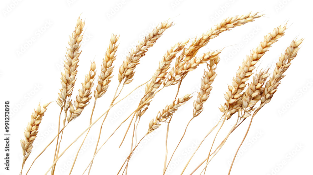 Golden wheat ears isolated on a white background, showcasing the beauty of ripe grains in agriculture Golden wheat ears isolated on a white background, showcasing the beauty of ripe grains in agriculture