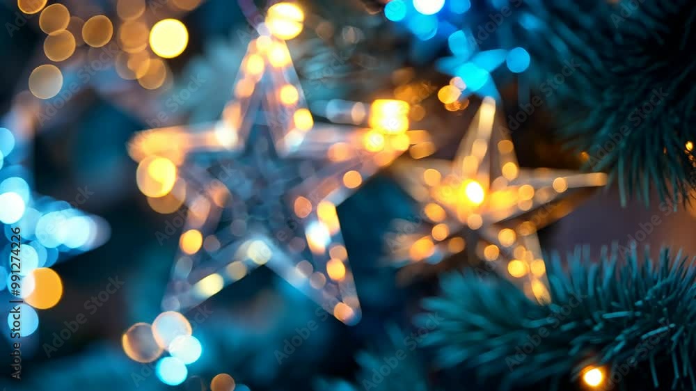 A close-up of a star-shaped Christmas ornament on a blue Christmas tree A close-up of a star-shaped Christmas ornament on a blue Christmas tree