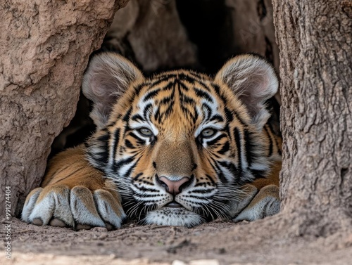 Innocent wild tiger cub resting beneath a tree, wild, peaceful and delicate in the jungle, no blur, photo not dark, everything is clear, copy space