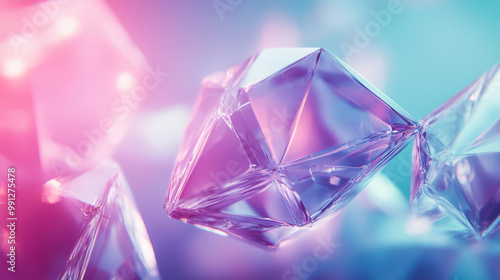 Abstract crystal structure with pink and blue reflections on a gradient background