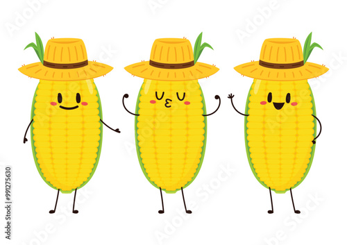 Corn cartoon vector. Cute vegetable vector character isolated on white. Corn mascot.
