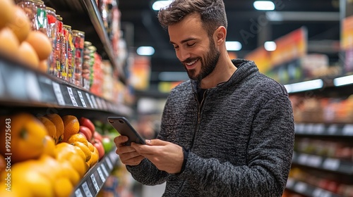 man using smartphone to complete his shopping checklist in the supermarket happily pushing his cart through the aisles and ensuring a convenient and efficient grocery experience photo