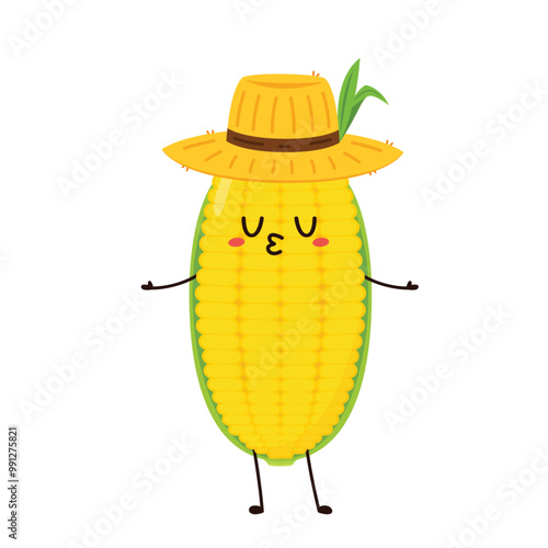 Corn cartoon vector. Cute vegetable vector character isolated on white. Corn mascot.