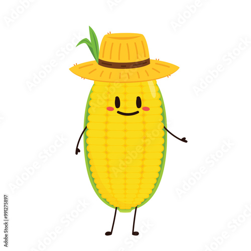 Corn cartoon vector. Cute vegetable vector character isolated on white. Corn mascot.