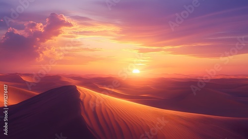 A breathtaking sunset over vast desert dunes, casting golden light on the sand, creating a serene and picturesque landscape.