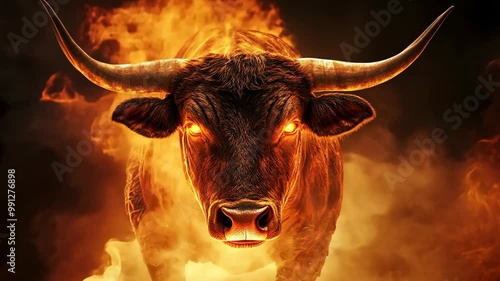 A fiery bull stares directly at the camera, surrounded by flames and smoke