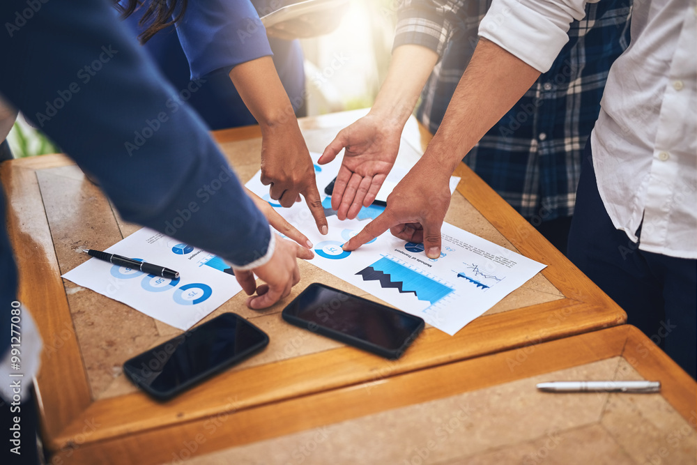 Fototapeta premium Business, people and hands pointing at chart with financial statistics, global sales data analysis and company growth. Employees, team or graph documents for project budget expenses and collaboration