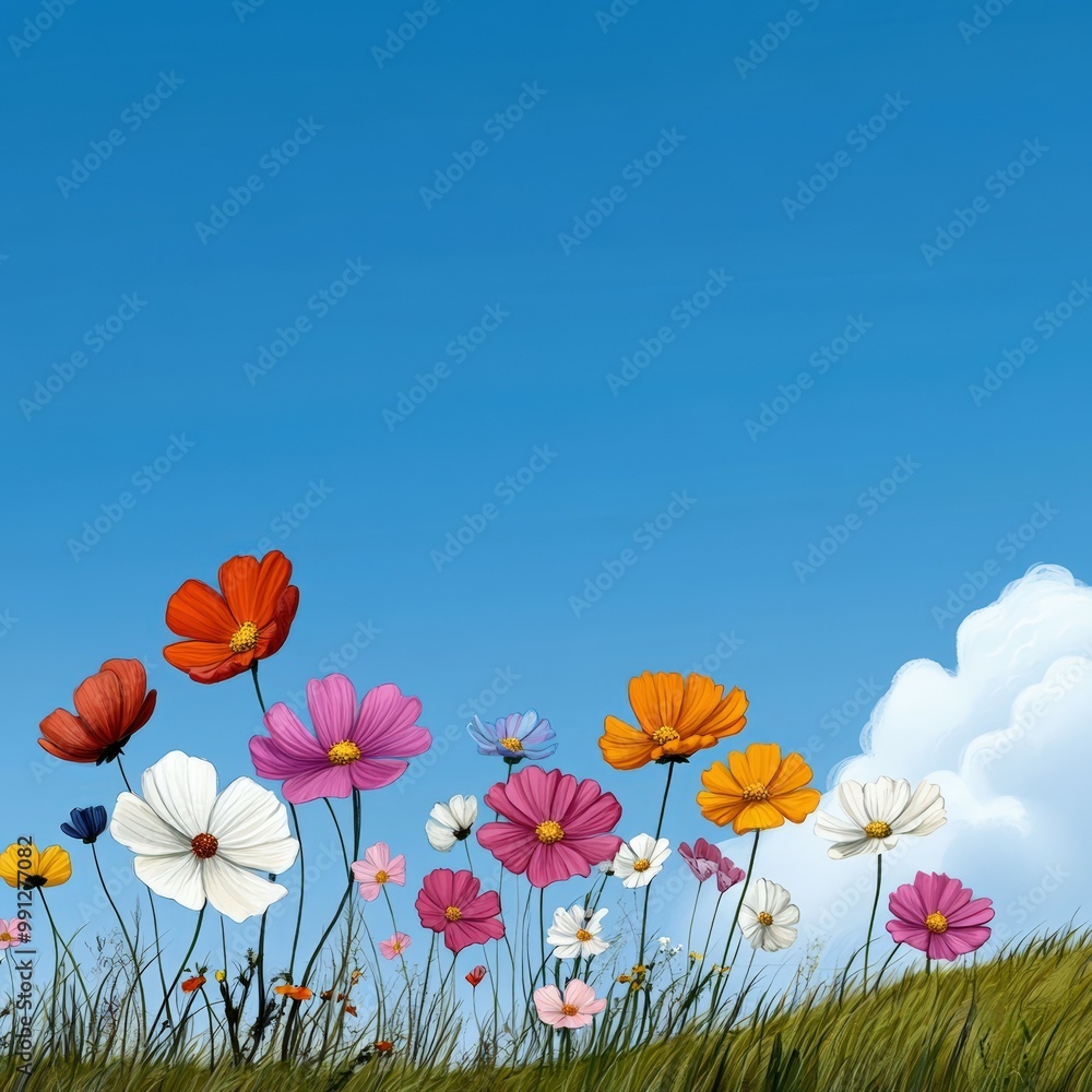 Colorful flowers blooming under a bright blue sky with fluffy clouds. Colorful flowers blooming under a bright blue sky with fluffy clouds.