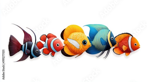 Colorful fishes swimming together, white isolate background. photo