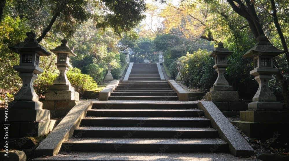 Stone steps leading up to a peaceful Japanese shrine, with trees and lanterns lining the path. Stone steps leading up to a peaceful Japanese shrine, with trees and lanterns lining the path.