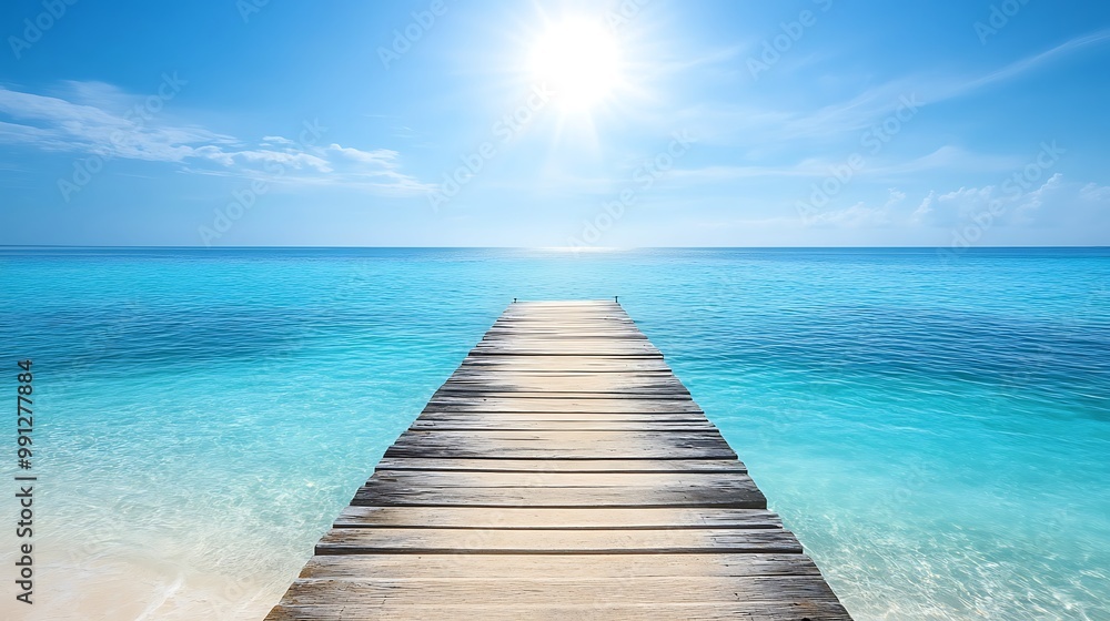 Wooden pier extending into the turquoise ocean, under a bright blue sky and sunny weather, ideal for tropical vacation concepts. Wooden pier extending into the turquoise ocean, under a bright blue sky and sunny weather, ideal for tropical vacation concepts.