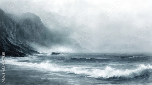 A serene black and white coastal landscape, featuring misty waves and dramatic cliffs, evoking a sense of tranquility and mystery.