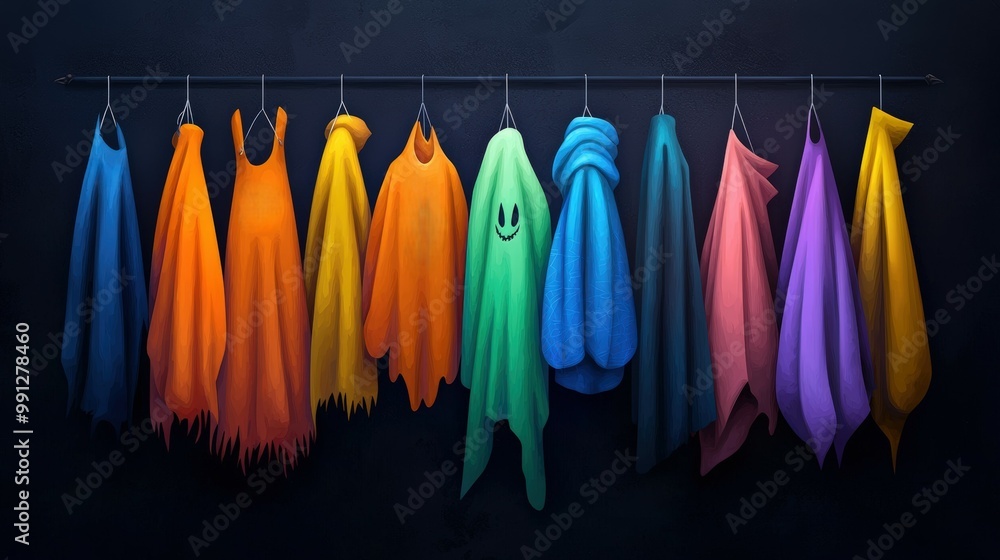 Fototapeta premium Colorful spooky costumes hanging on a rack against a dark background.