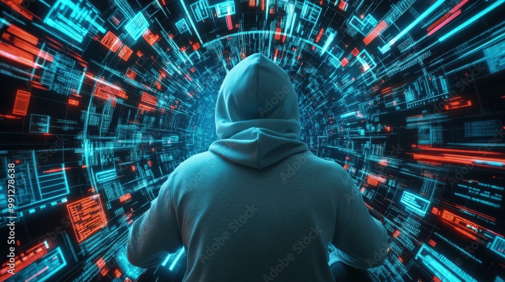 A man is sitting in front of a computer screen with a blue and red background A man is sitting in front of a computer screen with a blue and red background