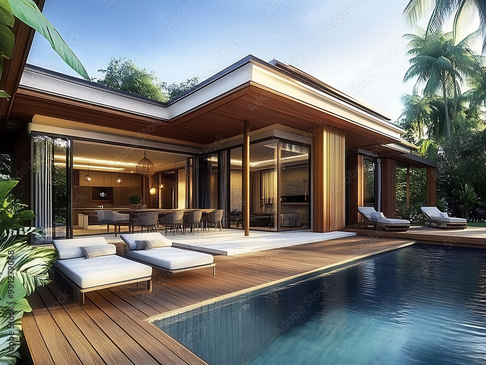 Fototapeta premium Villa de vacances haut de gamme avec vue sur la piscine et palmiers