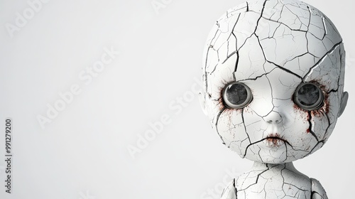 Creepy cracked porcelain doll with haunting eyes, white isolate background. photo