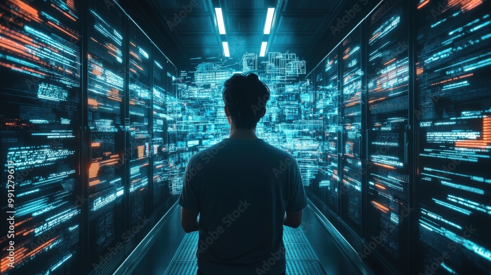 A man is standing in front of a computer control data center A man is standing in front of a computer control data center