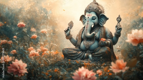 A serene depiction of Lord Ganesh surrounded by blooming flowers, symbolizing wisdom and prosperity in a tranquil setting.