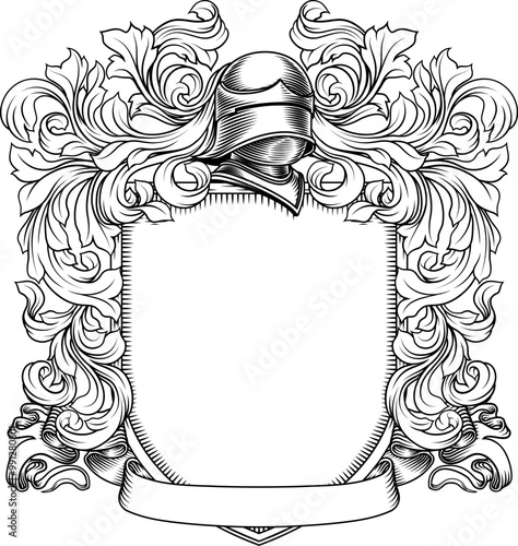 Coat of arms crest knight family medieval shield heraldry heraldic armorial motif. Featuring a knights helm helmet in a vintage etching engraving woodcut style
