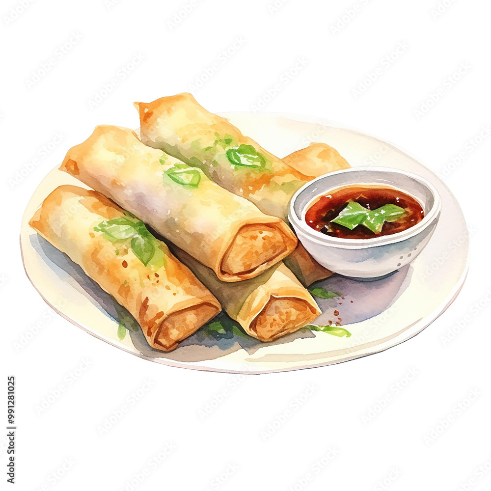 Delicious spring rolls served with dipping sauce on a white plate. Delicious spring rolls served with dipping sauce on a white plate.