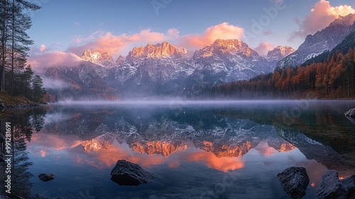 outdoor adventure with a serene lake sunrise reflecting the snow-covered zugspitze mountains and showcasing the tranquil nature beauty and breathtaking landscape