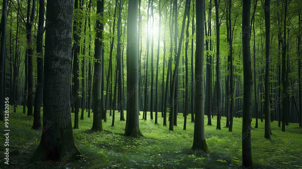 Naklejka premium Serene forest clearing tall trees carpet of leaves dappled sunlight creates magical atmosphere enchanted woodland scene nature photography tranquil escape. Ethereal woodland landscape sunlit forest.