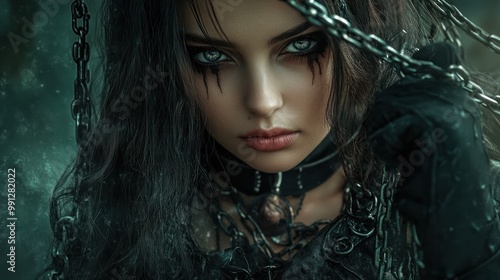 Woman beautiful model in a black witch costume is shackled in chains background wallpaper AI generated image