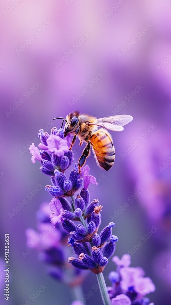 Honeybee perched on vibrant lavender flower, collecting nectar against a soft purple background. Macro shot showcases intricate details of bee and blossom. Honeybee perched on vibrant lavender flower, collecting nectar against a soft purple background. Macro shot showcases intricate details of bee and blossom.