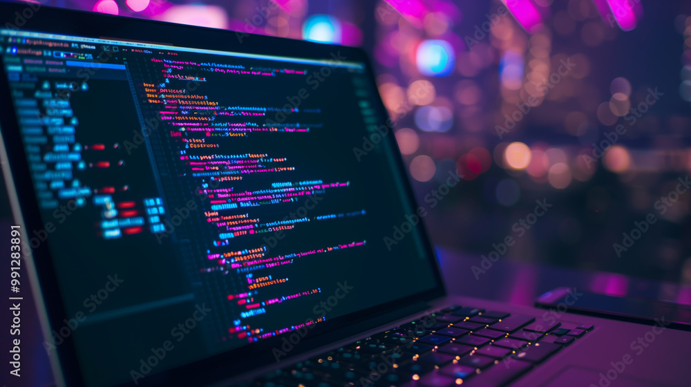 Abstract programming code on a black laptop screen. Digital technology neon glowing purple background. Cyberspace coding technology. Data network on computer design illustration. Digital presentation Abstract programming code on a black laptop screen. Digital technology neon glowing purple background. Cyberspace coding technology. Data network on computer design illustration. Digital presentation
