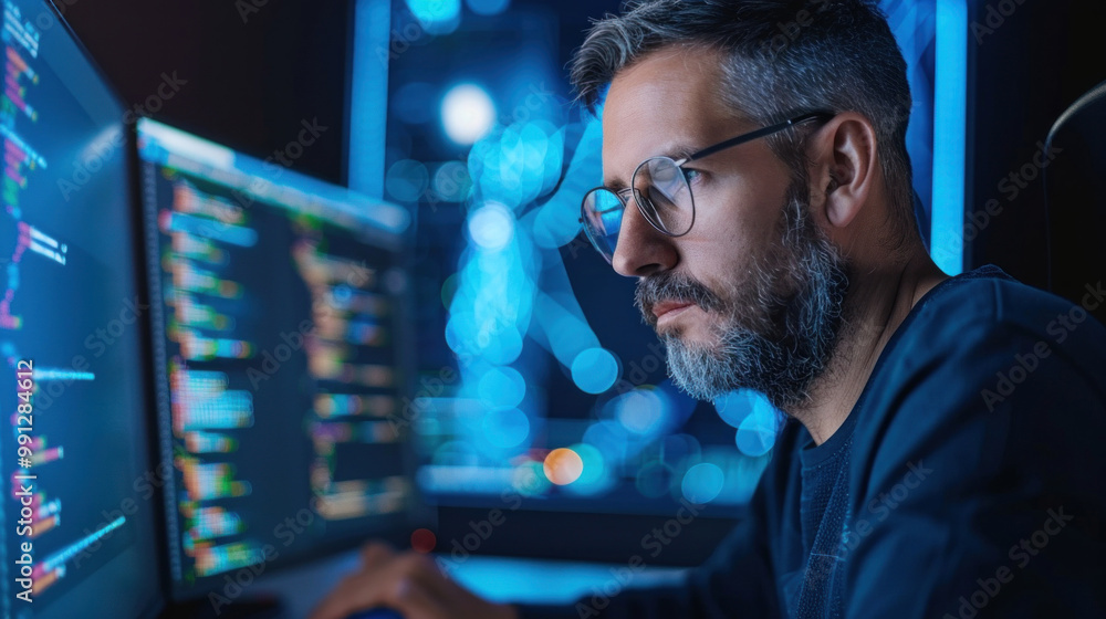A quantum computer programmer working on advanced algorithms, with quantum computers and holographic interfaces in the background A quantum computer programmer working on advanced algorithms, with quantum computers and holographic interfaces in the background