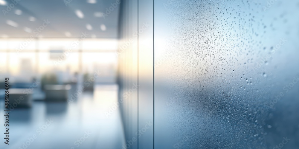 Obraz premium A close-up of a misty glass wall in a modern office setting, showcasing a blend of clear and blurred views through condensation.