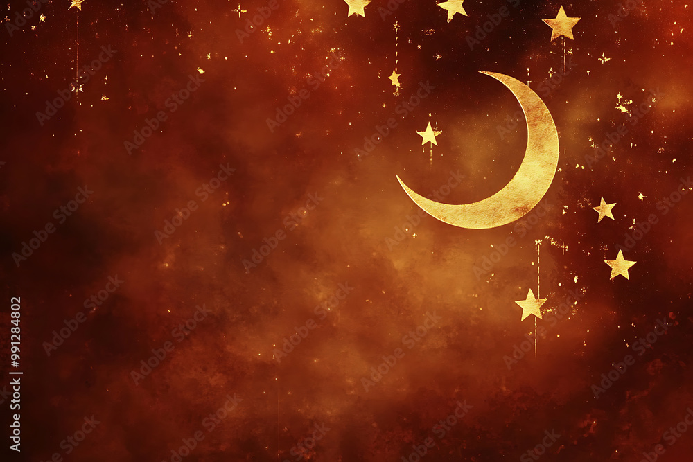 Fototapeta premium Eid background with crescent moons and stars in gold against a deep blue sky
