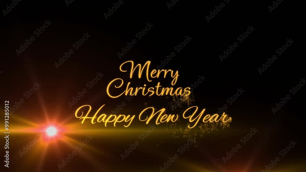 Animation orange light lens flare with text merry Christmas Happy New Year on black background. Animation orange light lens flare with text merry Christmas Happy New Year on black background.