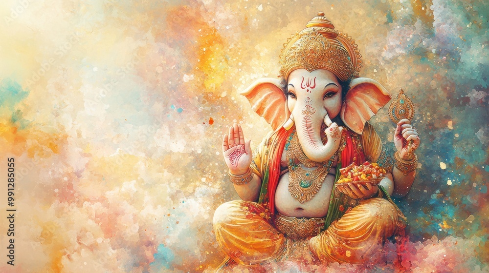 A vibrant depiction of Ganesh, the Hindu deity of wisdom and prosperity, surrounded by a colorful abstract background. A vibrant depiction of Ganesh, the Hindu deity of wisdom and prosperity, surrounded by a colorful abstract background.