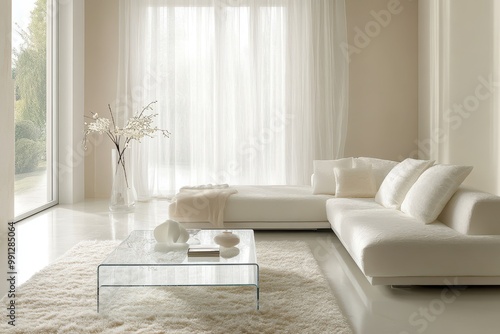 A serene and modern living room featuring white decor, glass table, and large windows letting in natural light.