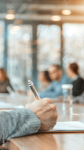 Corporate leaders strategize emission reduction. Executives gather in boardroom to discuss carbon credit purchases and sustainable practices, demonstrating commitment to environmental responsibility. photo