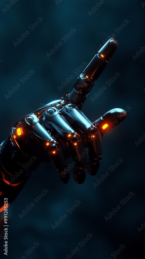 Futuristic robotic hand with glowing orange lights pointing index finger against dark background, symbolizing technological advancement and AI innovation. Futuristic robotic hand with glowing orange lights pointing index finger against dark background, symbolizing technological advancement and AI innovation.