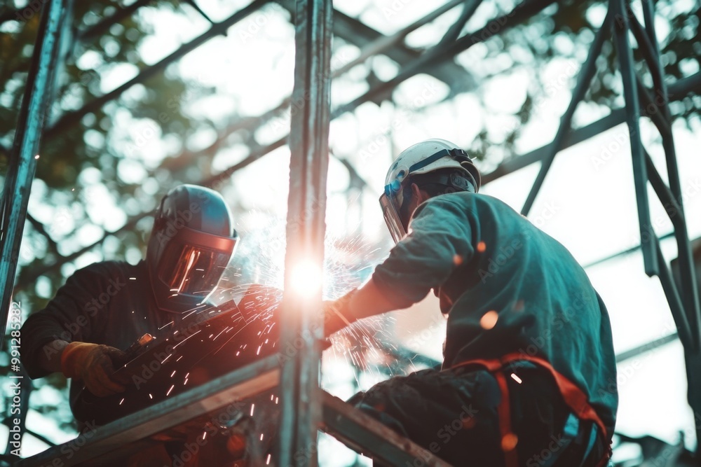 Two Welder Workers on Construction Site Two Welder Workers on Construction Site