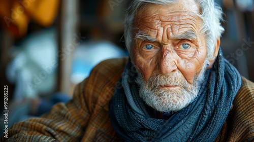 Close-up of an elderly man’s wrinkled face with piercing blue eyes, conveying emotion, wisdom, and the passage of time.