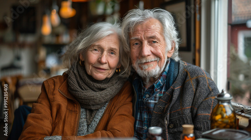 An elderly couple sitting closely together, smiling warmly, with soft lighting and a cozy atmosphere in the background.