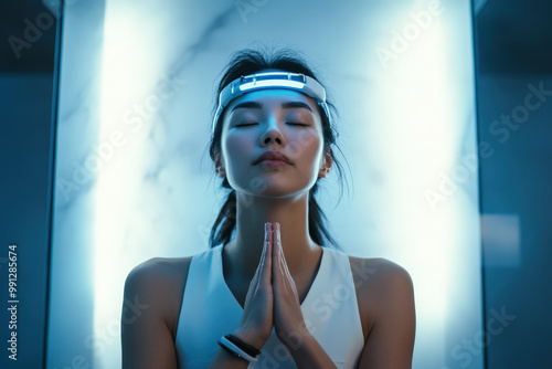 Young woman is meditating with a brainwave headband, exploring biohacking techniques for enhanced mental states photo