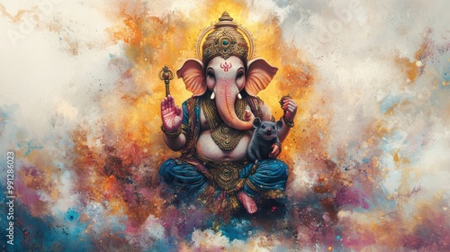 A vibrant illustration of the Hindu god Ganesha, surrounded by colorful clouds and holding symbolic items, representing wisdom and prosperity.